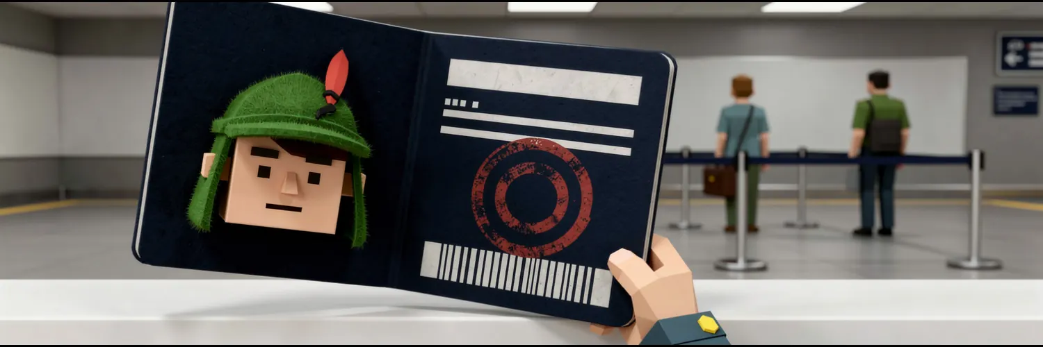 An open navy passport held up at a passport control counter. The photo page shows a small blocky portrait of a man wearing a green hood and a single red feather. A round red stamp mark sits over the page, and a short queue waits blurred behind the barrier.